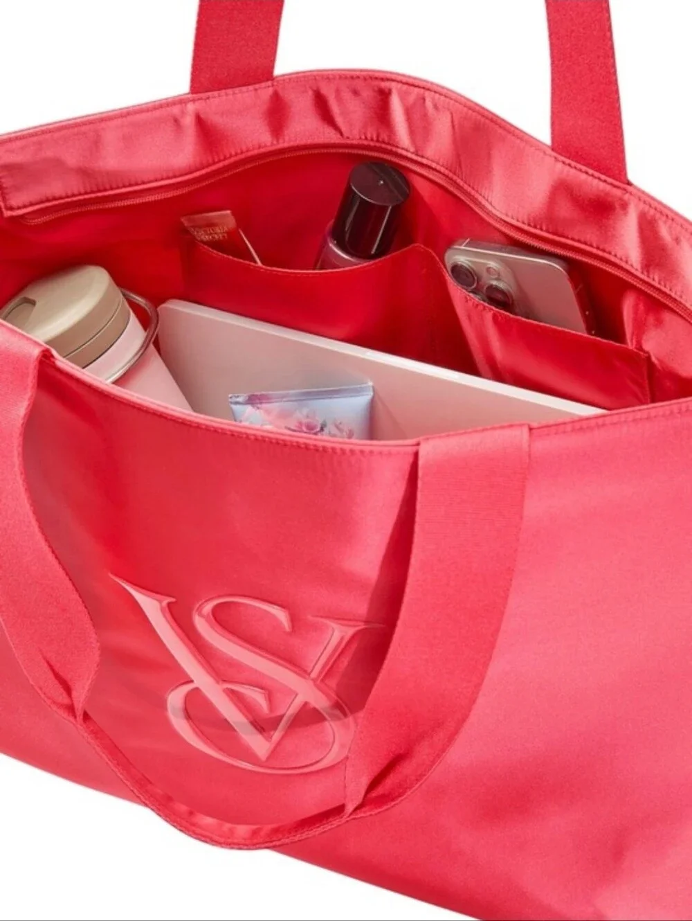 Victoria's Secret Monogram Logo Tote Bag VS Pink Coral Satin Pool Beach Bag